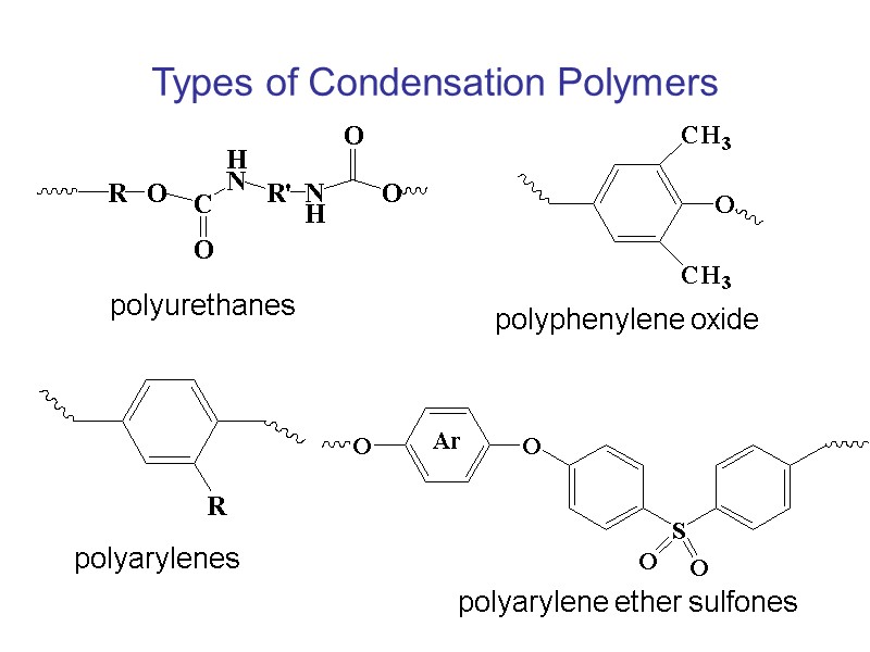 Types of Condensation Polymers polyurethanes polyphenylene oxide polyarylenes polyarylene ether sulfones